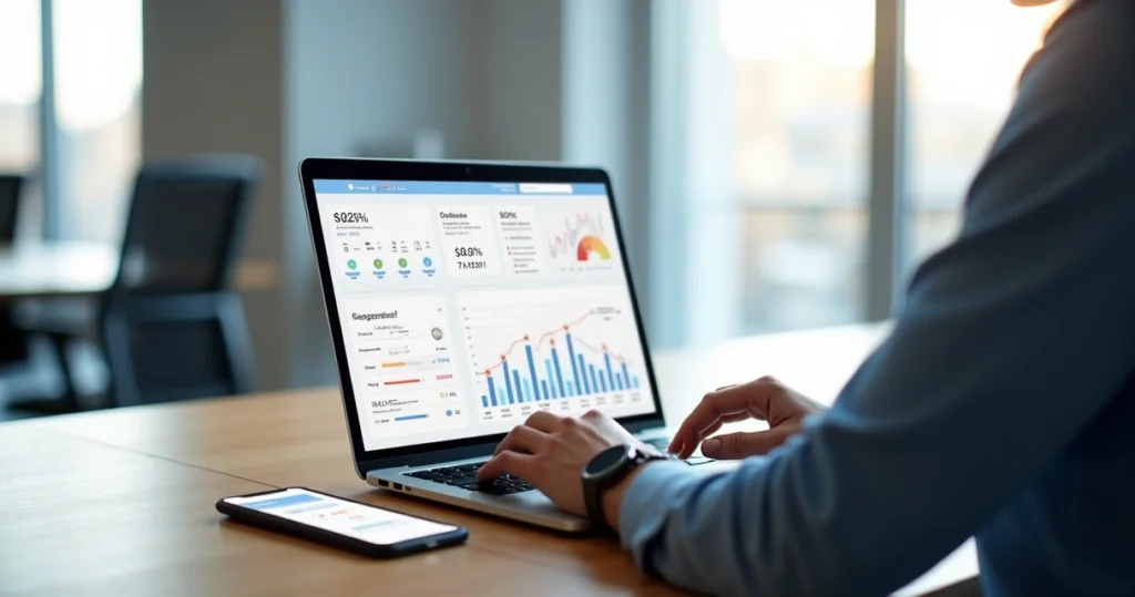 Gestor analisando painel de satisfação de microtransações digitais em um notebook