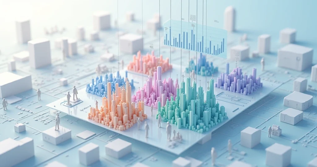 Ilustração de clusters em mapa conectados a gráfico de pesquisa estatística