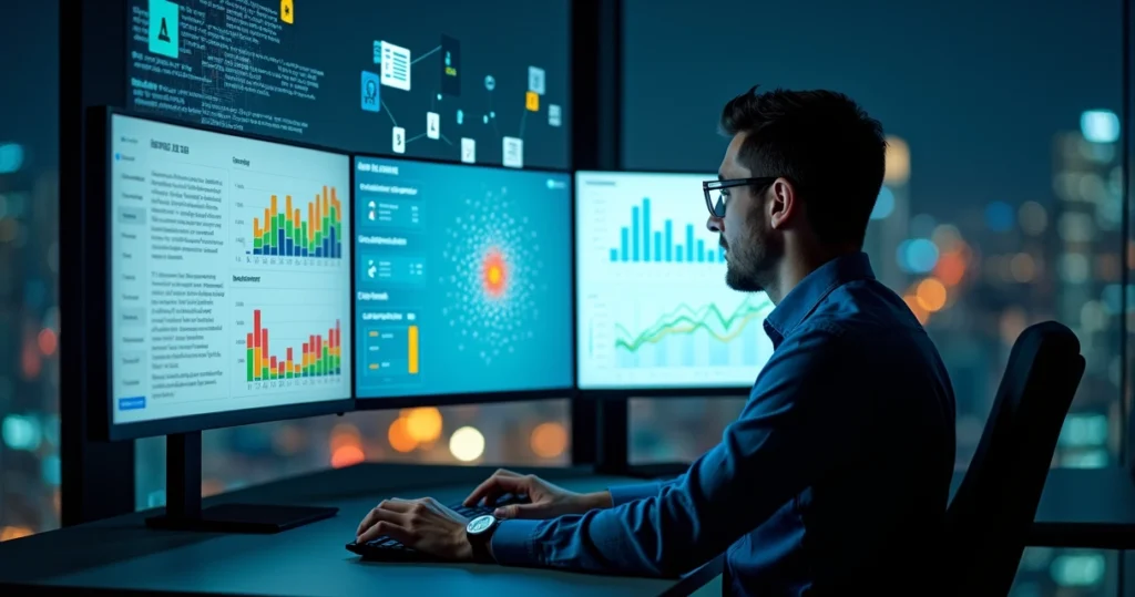 Profissional analisando nuvem de dados e feedbacks de clientes em vários formatos