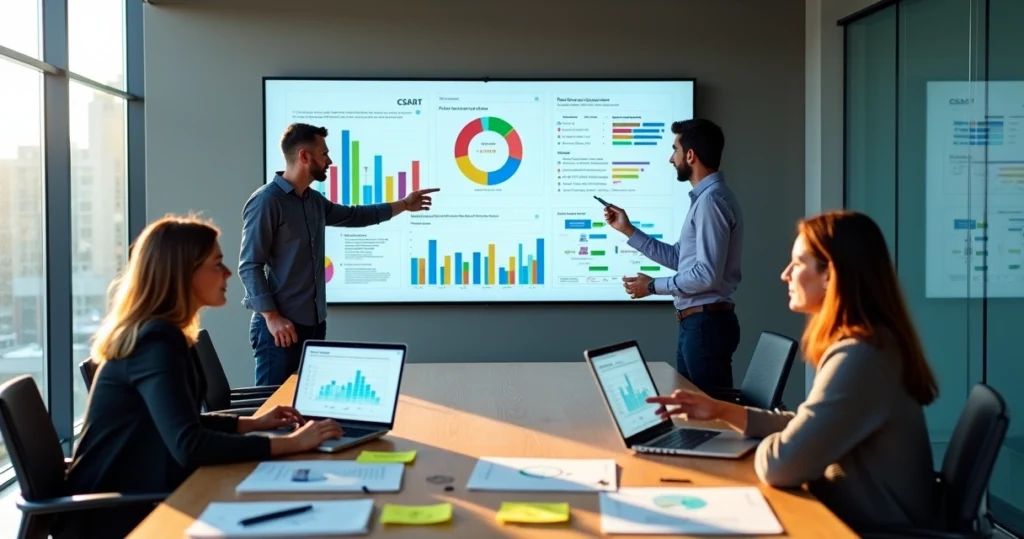 Equipe analisa gráficos e feedbacks de clientes em painel digital