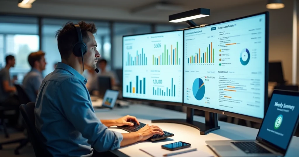 Analista de atendimento monitorando indicadores de atendimento em painel com gráficos