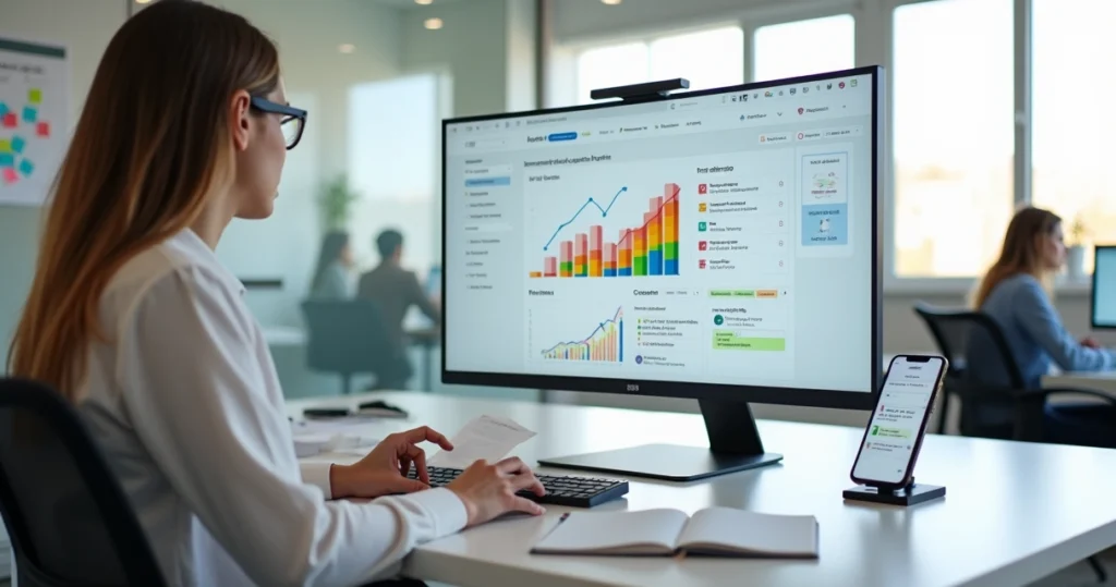 Analista de atendimento observando painel de métricas de satisfação do cliente