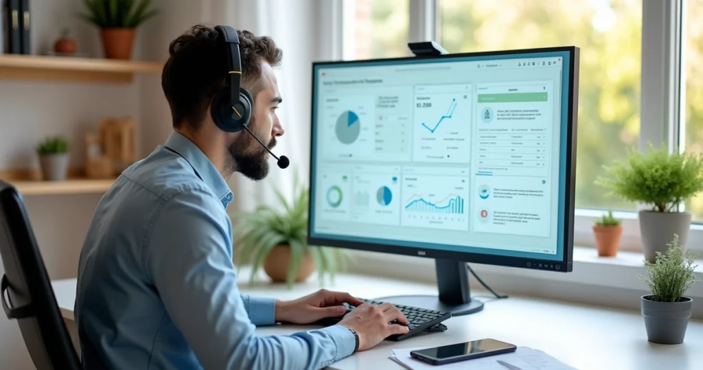 Atendente de telemarketing em home office usando headset e computador