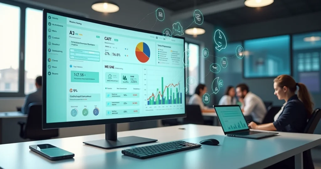 Painel digital com gráficos de atendimento automatizado e pessoas usando canais online