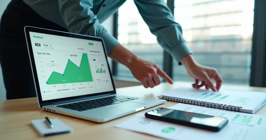 Tela de dashboard SaaS com gráfico de ROI em destaque no notebook sobre mesa de escritório moderna
