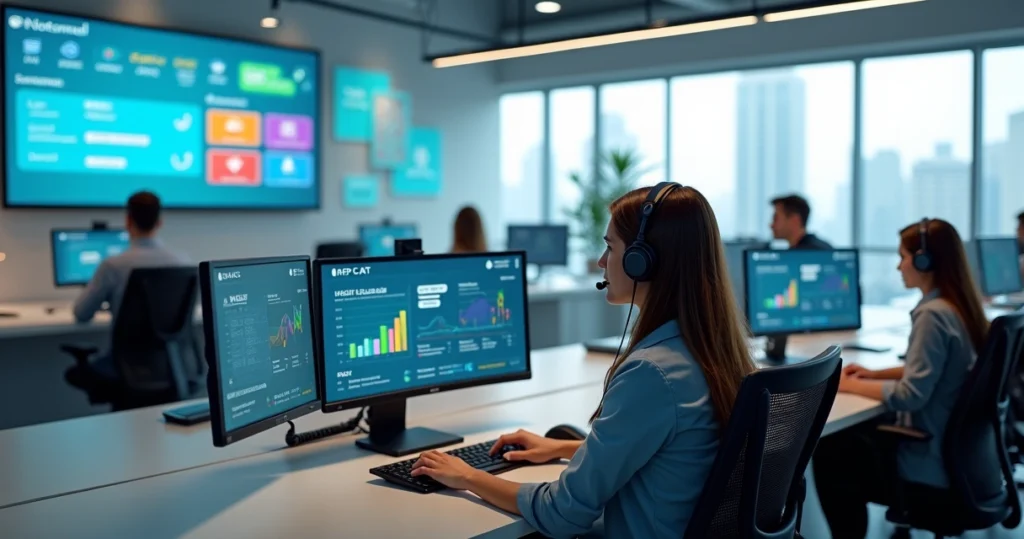 Equipe de call center em operação atendendo clientes por telefone e computador