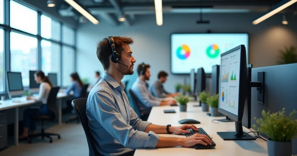 Equipe de call center em escritório moderno atendendo clientes por telefone e computador