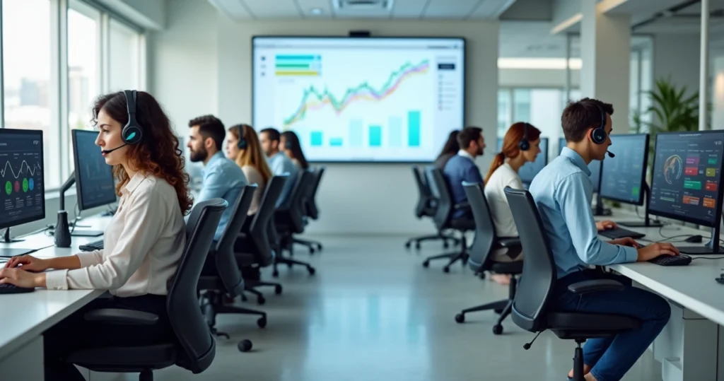 Equipe de call center em operação com telas e gráficos de atendimento