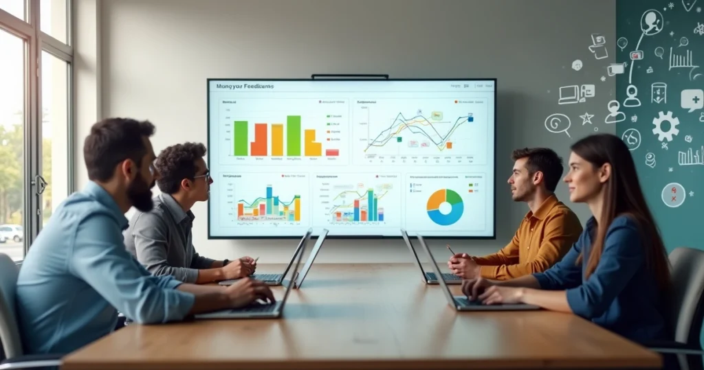 Equipe analisando painel de feedback de clientes com gráficos e ícones de satisfação