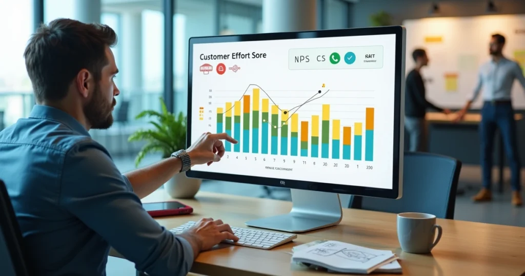 Profissional analisa dashboard de CES mostrando baixo esforço do cliente