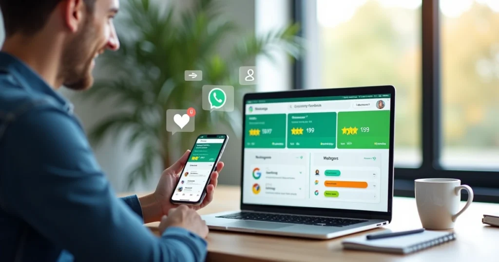 Cliente satisfeito deixando avaliação positiva em painel de feedback online