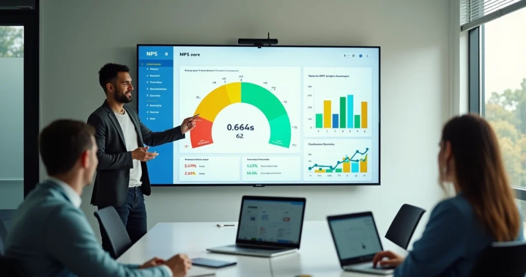 Gestor analisando painel de NPS em tela grande com gráfico e escala de 0 a 10