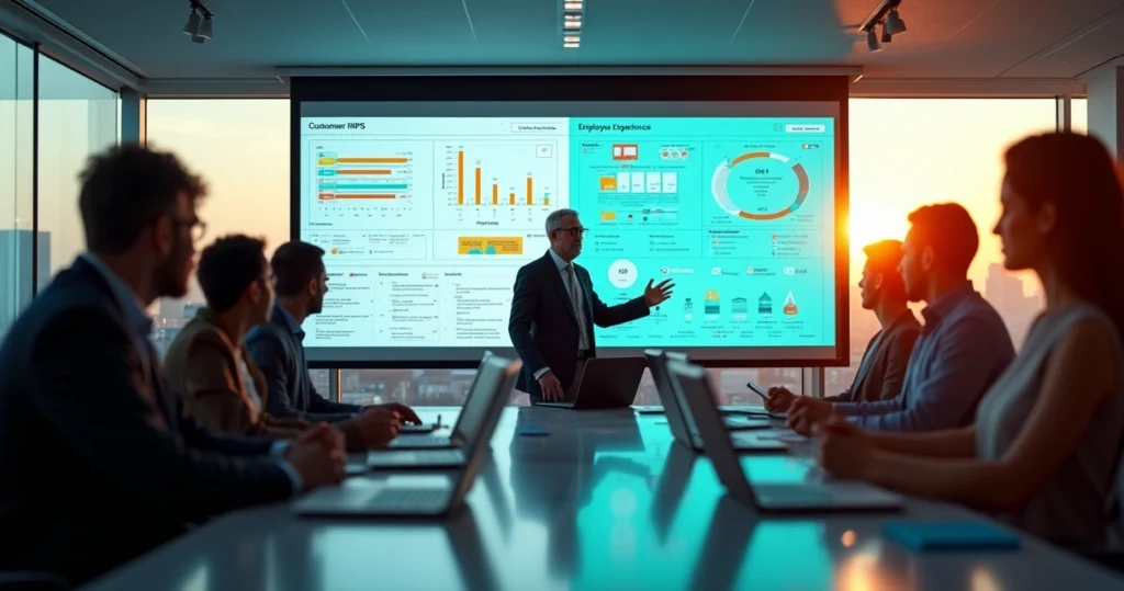 CXO em reunião analisando experiências de clientes e colaboradores em dashboards digitais
