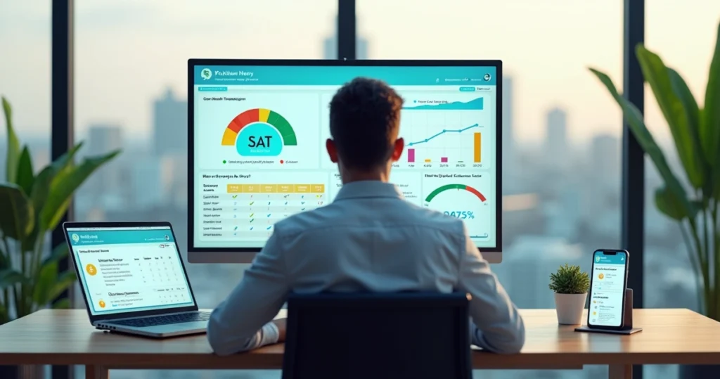 Gestor analisa painel com gráfico de CSAT e ícones de clientes satisfeitos