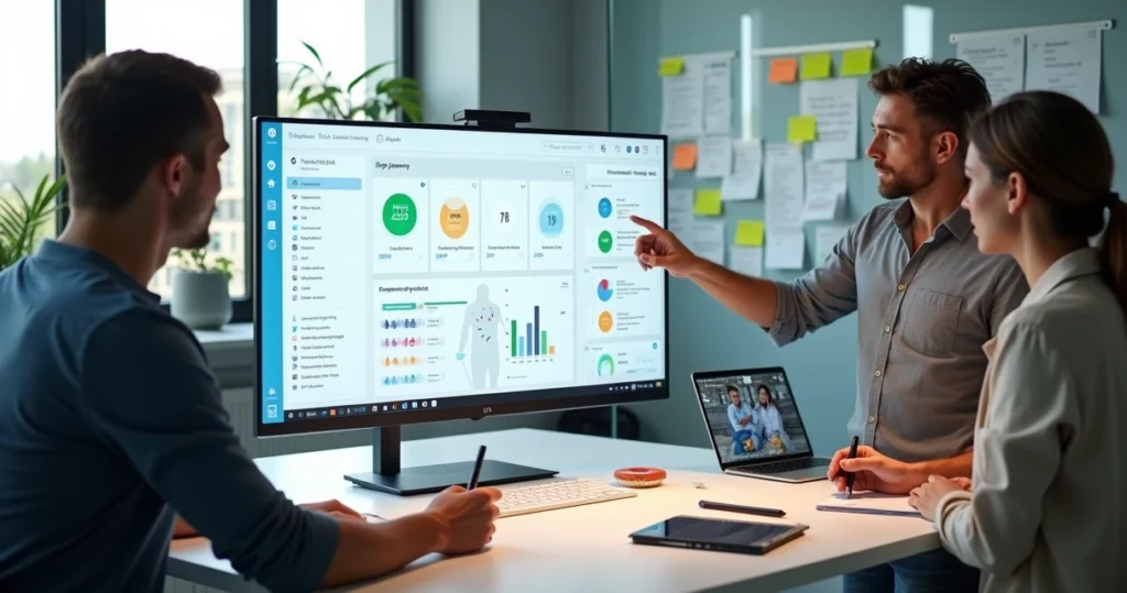 Painel com equipe analisando feedbacks de usuários em um dashboard de produto digital