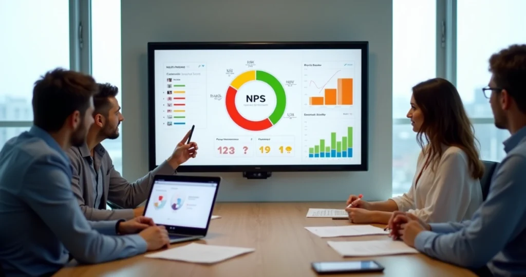 Gestor analisando painel de NPS com gráfico de satisfação de clientes