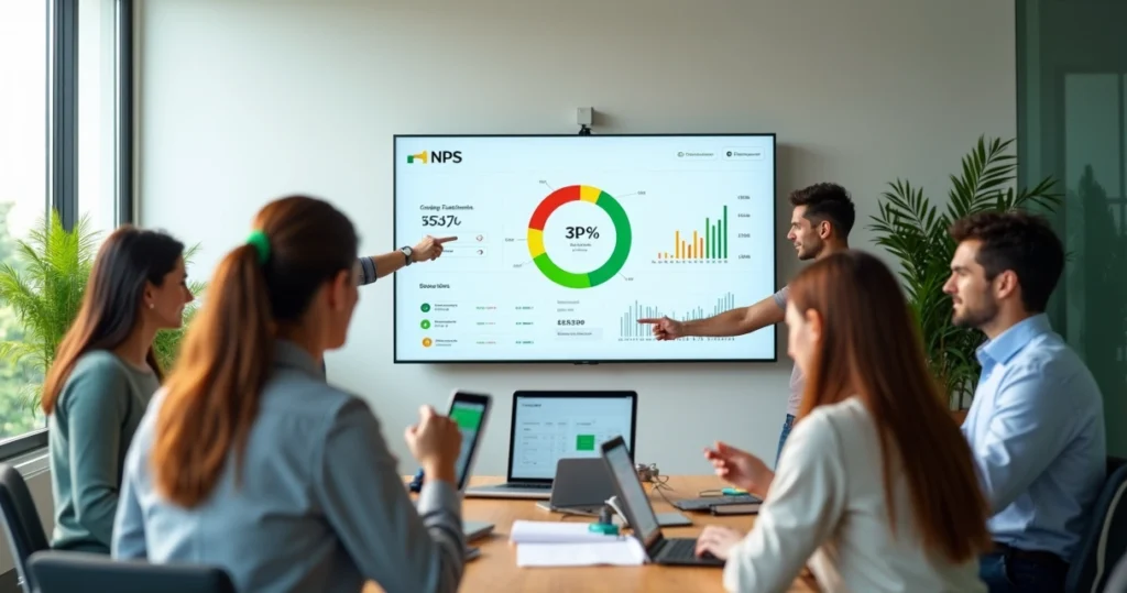 Painel com gráfico de NPS e pessoas interagindo com feedback de clientes