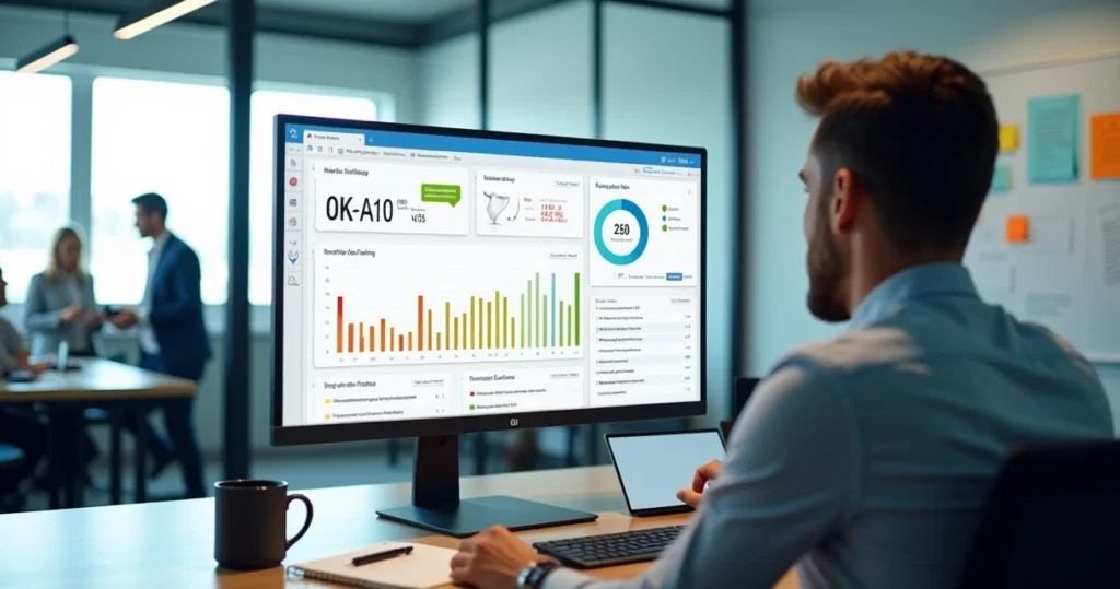 Gestor analisando painel de pesquisa NPS com gráfico de satisfação de clientes