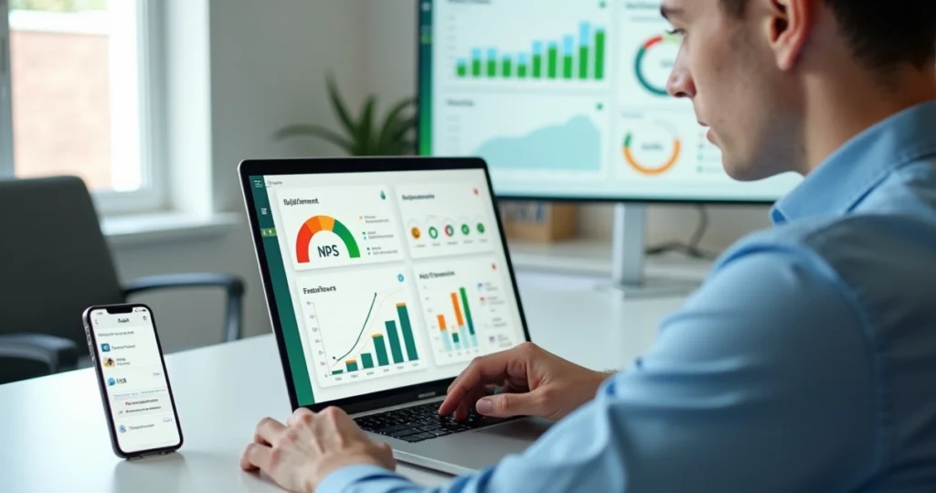 Gestor analisando dashboard digital de pesquisa de satisfação NPS em notebook