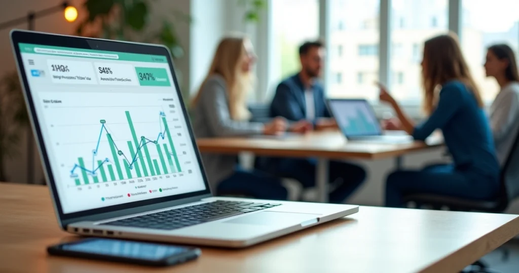 Painel de métricas SaaS mostrando aumento de receita com oferta de upsell