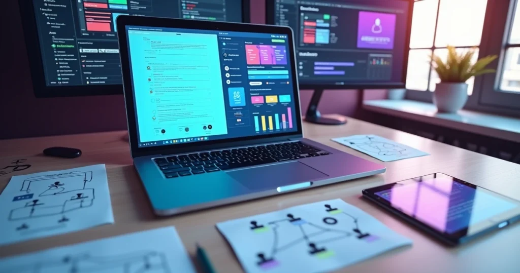 Tela de produto digital com wireframes e gráficos representando design UI e UX