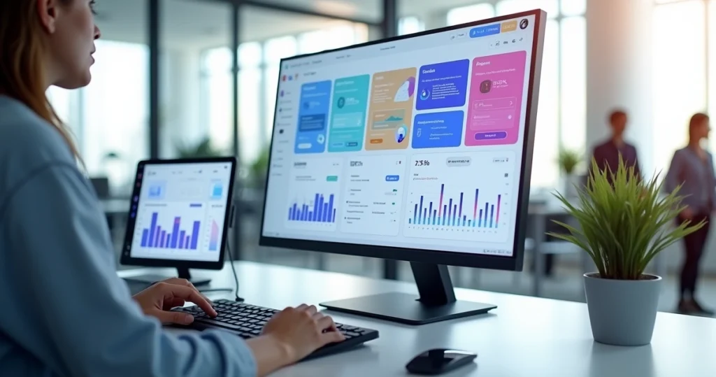 Designer criando interface de aplicativo com múltiplas telas em dashboard moderno