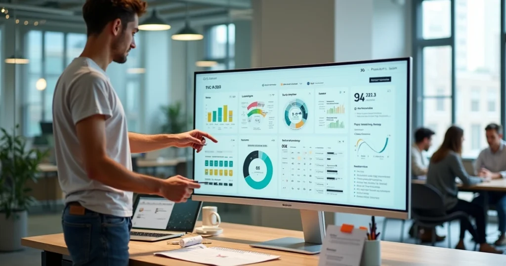 UX designer analisando feedbacks de usuários em painel de métricas