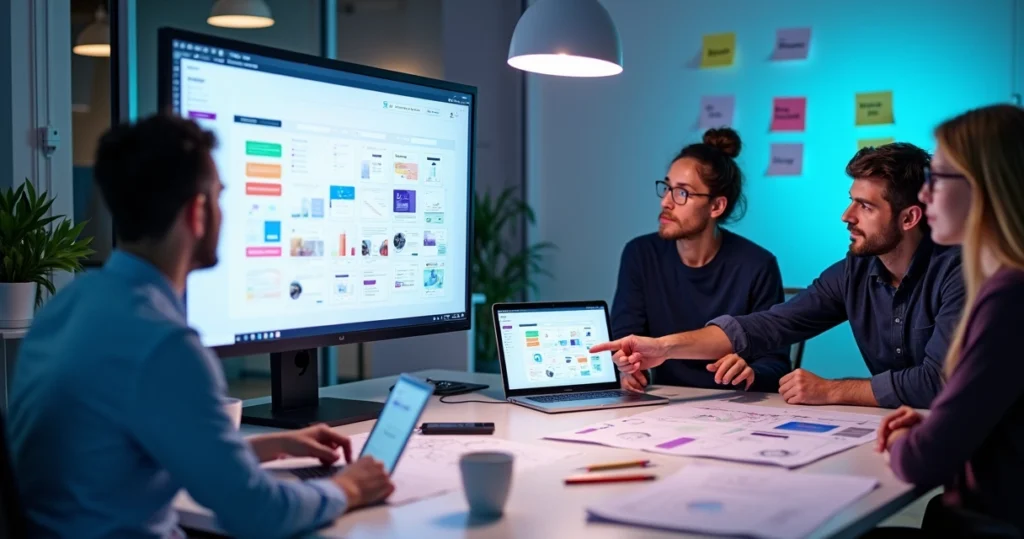 Designer UX UI trabalhando em protótipo de produto digital em tela grande