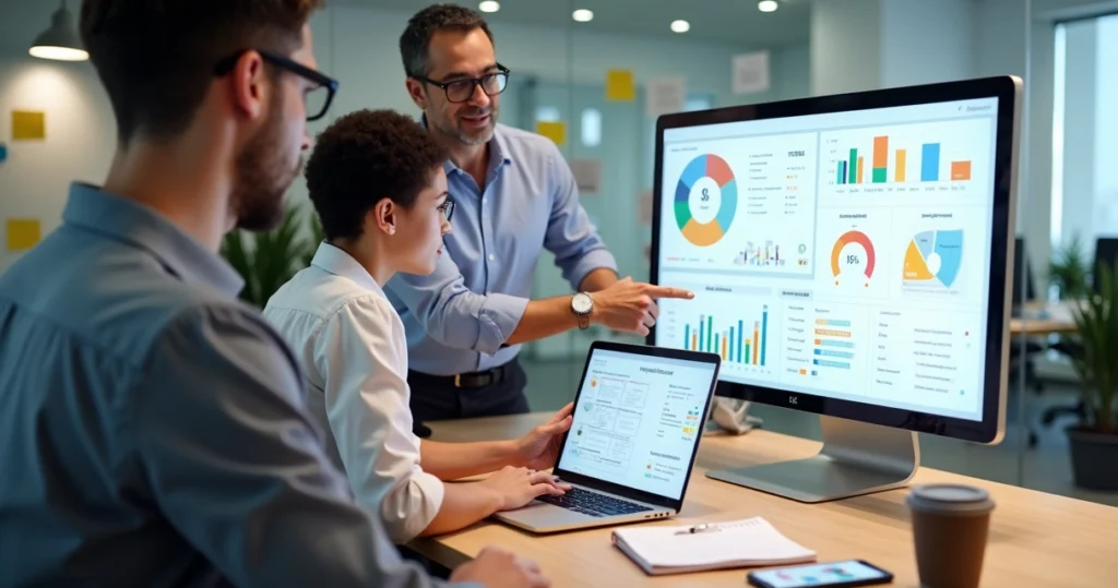 Equipe analisando gráficos de pesquisa em tela grande de computador