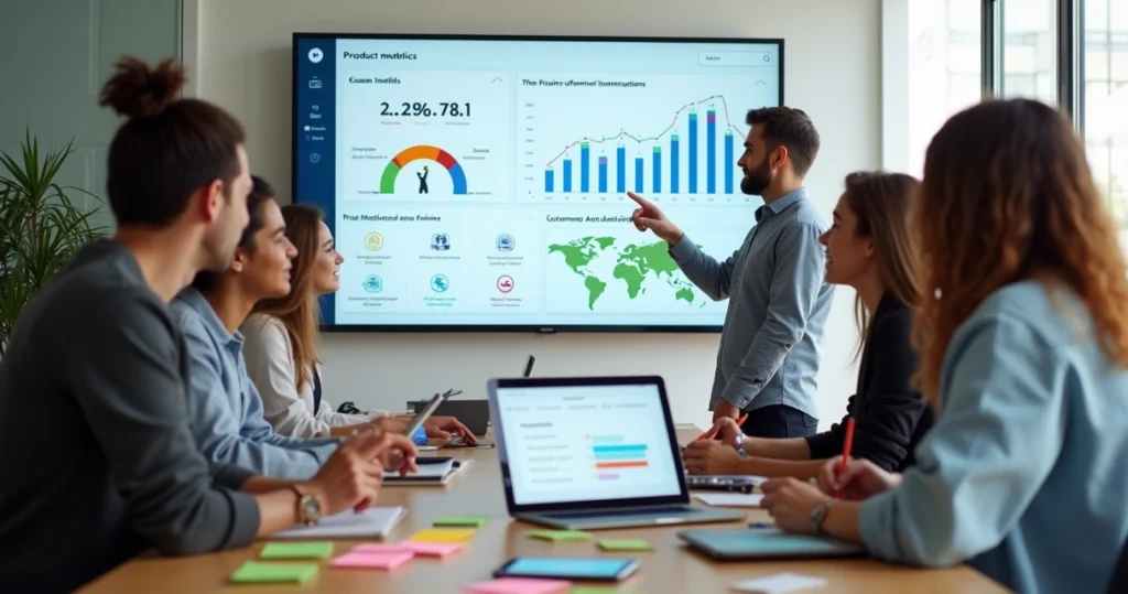 Equipe de produto analisando qualidades e satisfação de clientes em painel de métricas