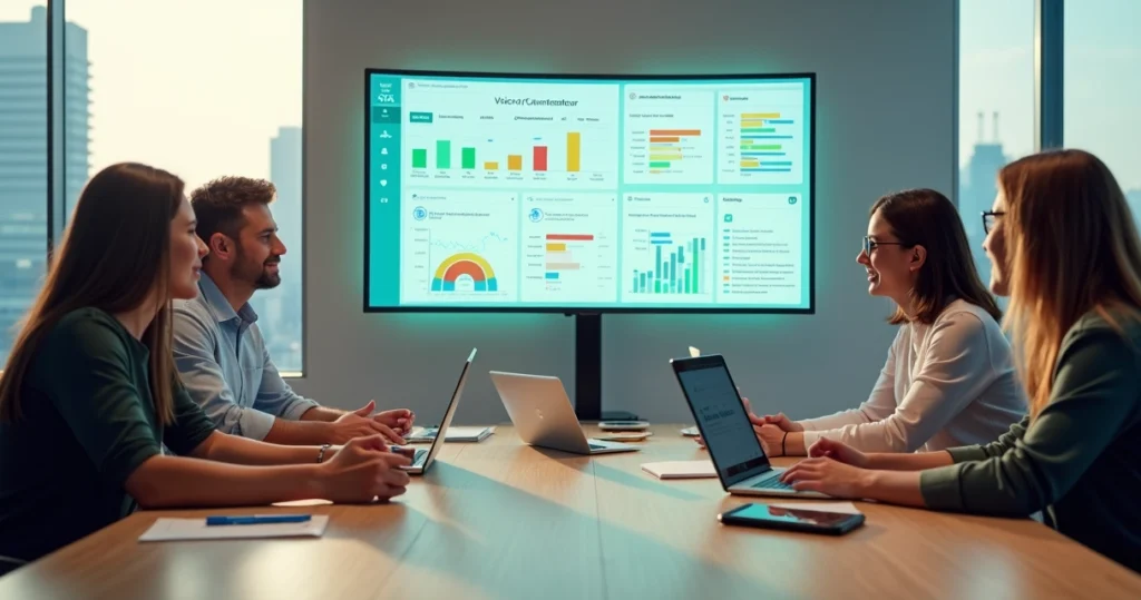 Equipe de marketing analisando feedbacks de clientes em dashboards coloridos