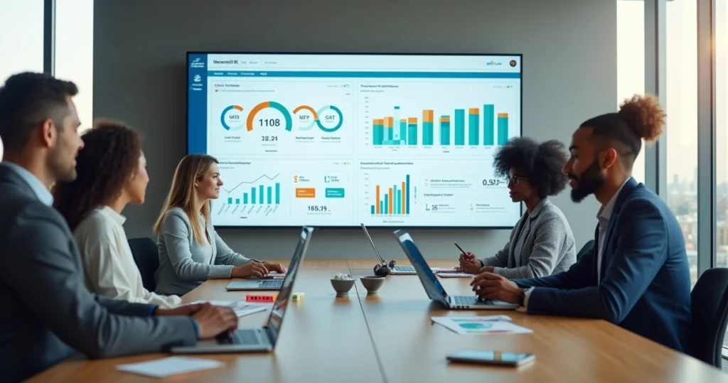 Equipe de negócios analisando dados de experiência do cliente em vários dispositivos