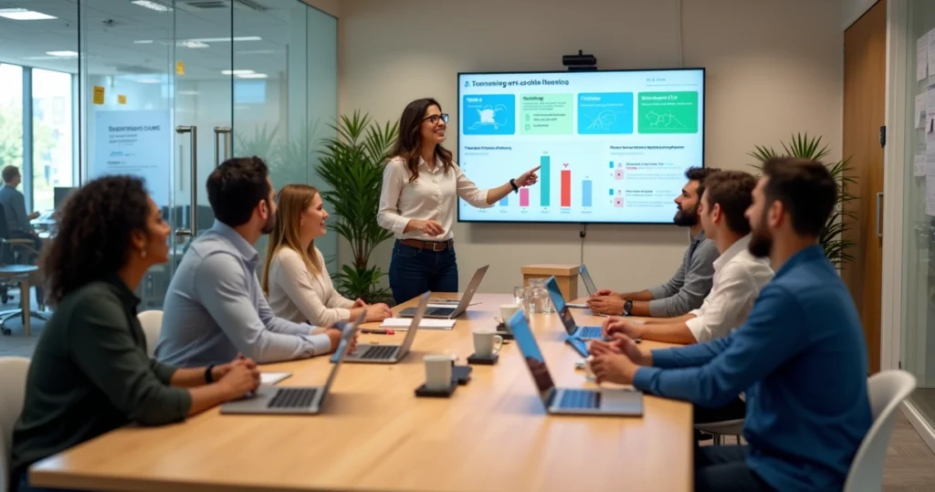 Equipe de recursos humanos recebendo novos colaboradores em reunião de integração