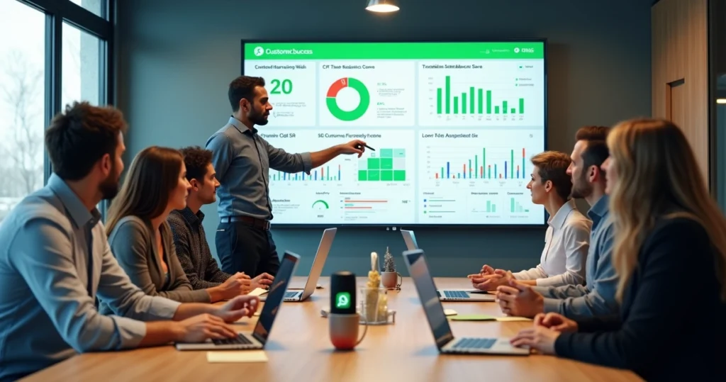 Equipe de negócios analisando métricas de clientes em grande painel digital
