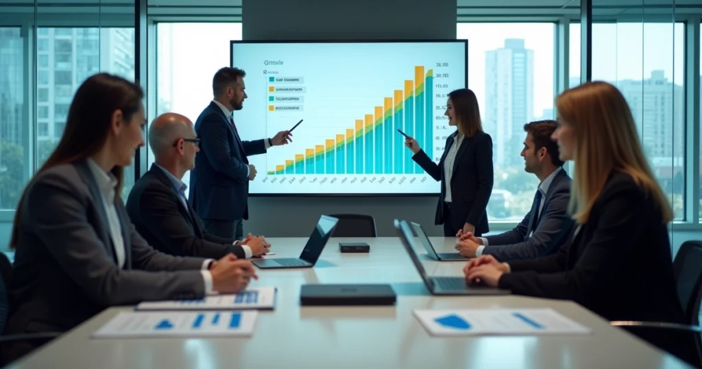 Equipe de vendas de SaaS analisando funil de vendas com gráfico de crescimento na tela
