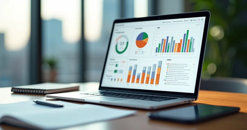 Profissional analisando painel de pesquisa de mercado com gráficos e respostas em tela de notebook