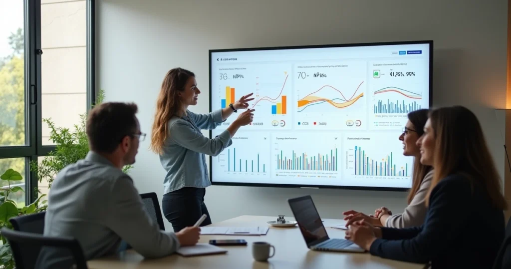 Equipe analisando painel de experiência do cliente em tela gigante
