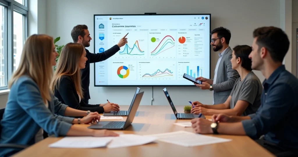 Equipe analisando experiência do usuário em produto digital exibido em tela grande