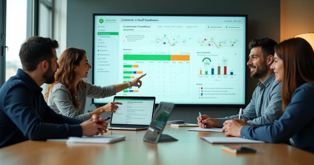 Equipe analisando painel de feedback de clientes em tela grande