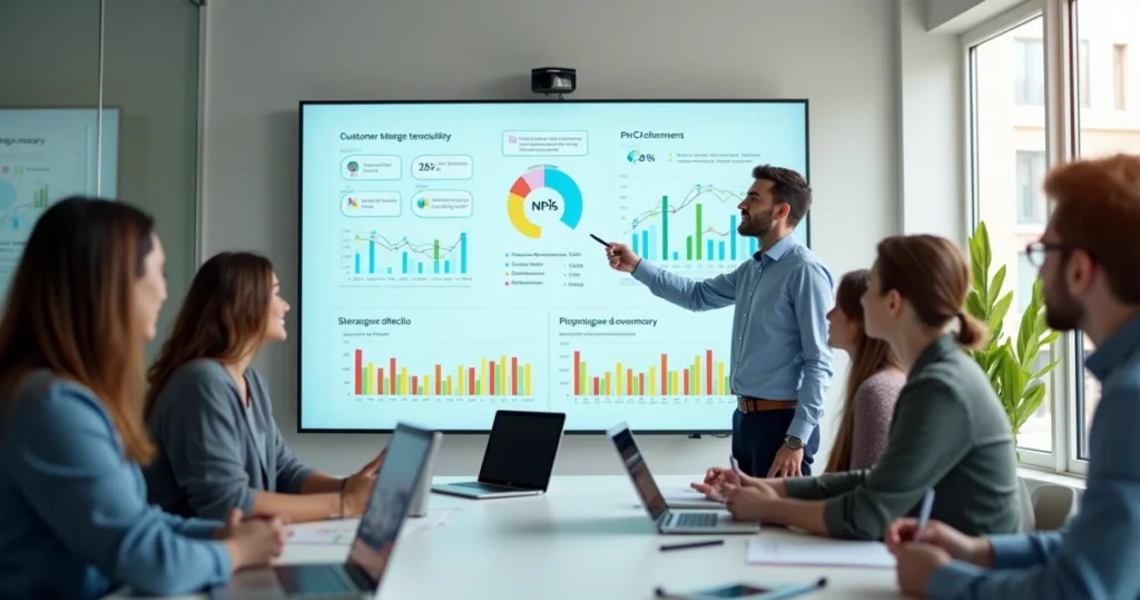 Equipe analisando painel de feedback de clientes em tela grande