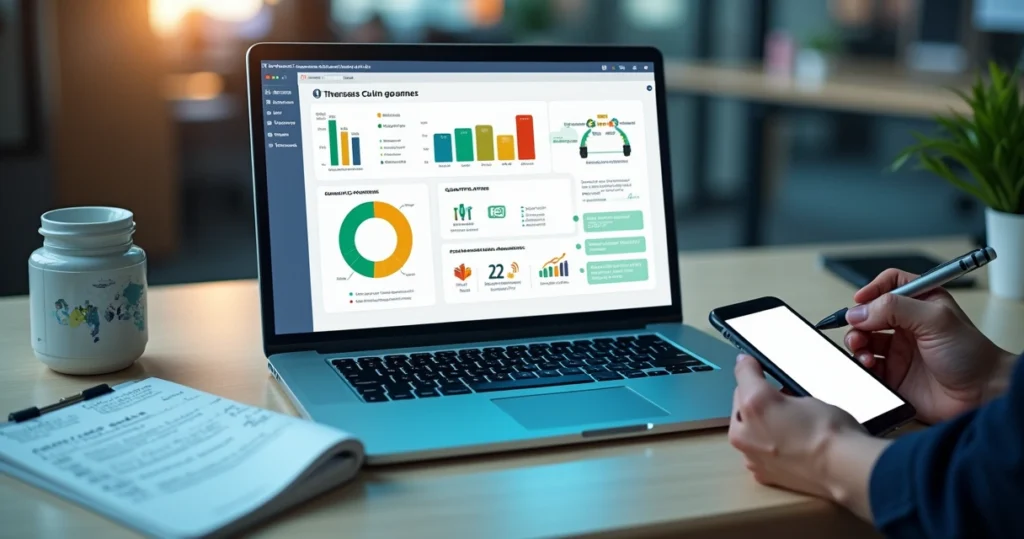 Gestor analisando gráficos quantitativos e comentários qualitativos de feedback de clientes na tela do notebook