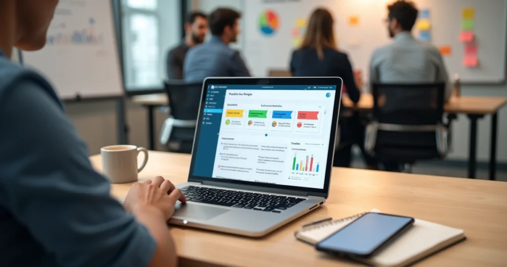 Gestor analisando respostas livres em painel de feedback no notebook