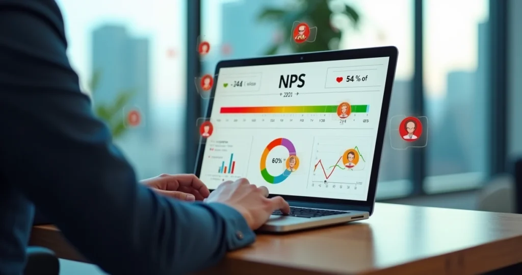 Gestor analisando gráfico de NPS em laptop com ícones de clientes promotores e detratores