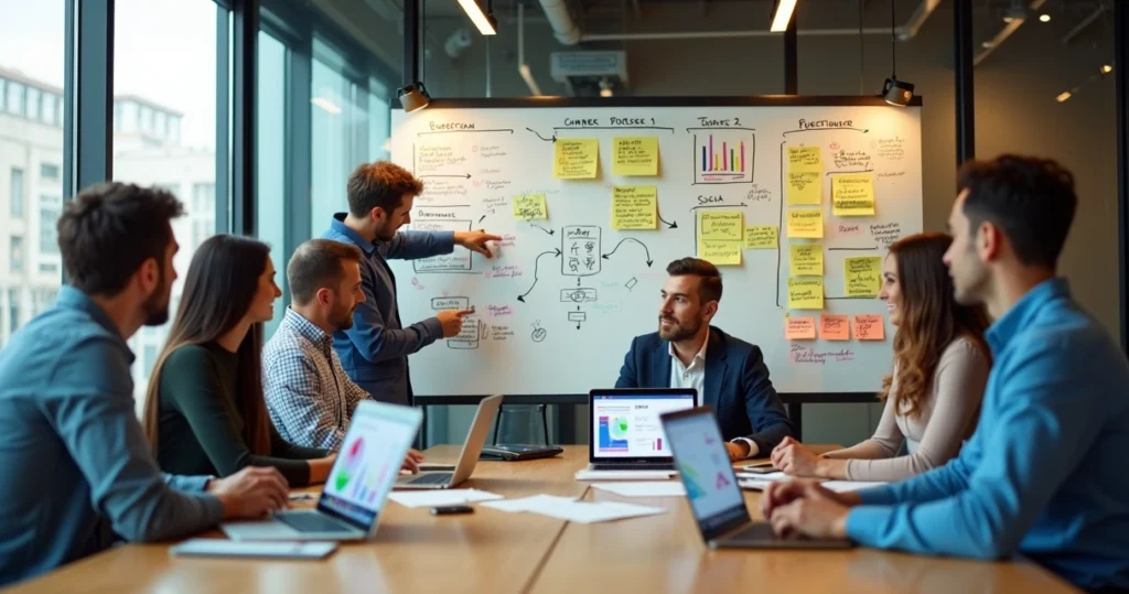 Equipe analisando jornadas de clientes em quadro com métricas de satisfação