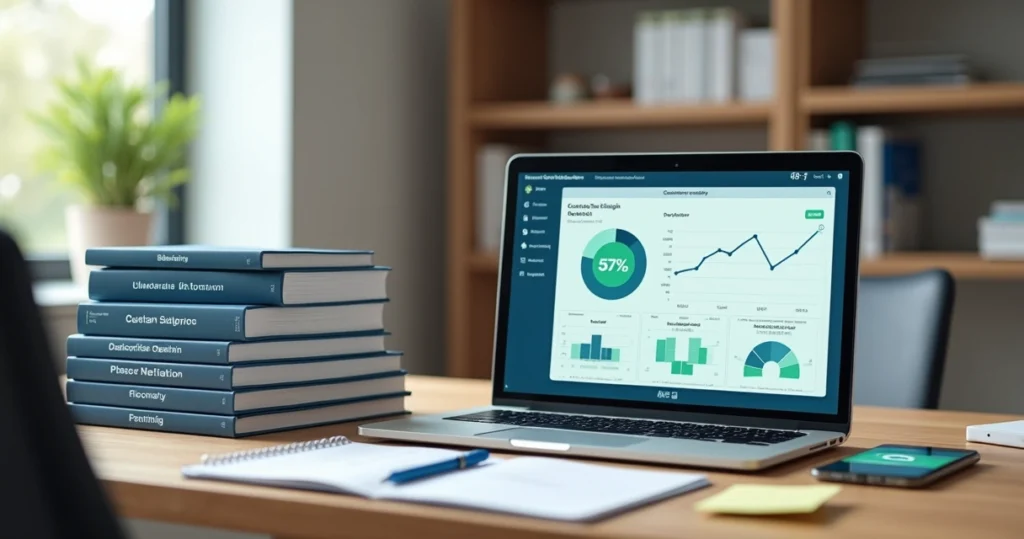Livros de customer success organizados em mesa de trabalho moderna