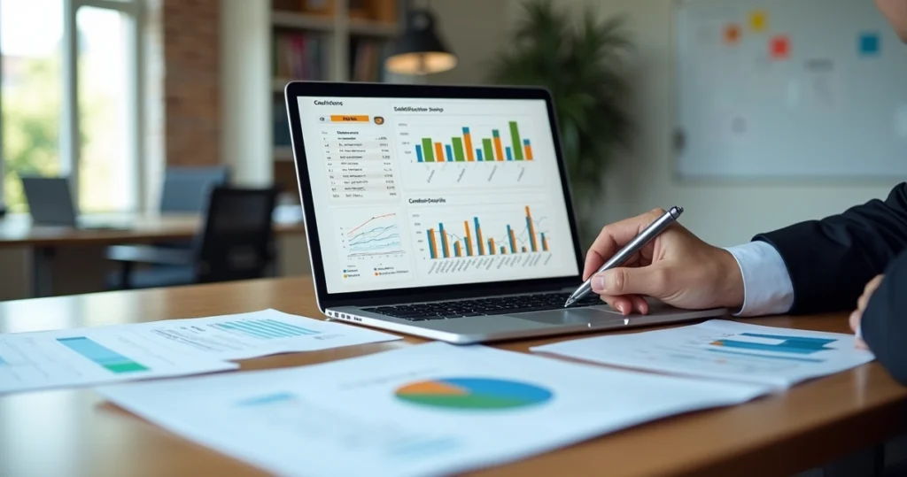 Gestor analisa gráfico de pesquisa de satisfação com destaque para margem de erro