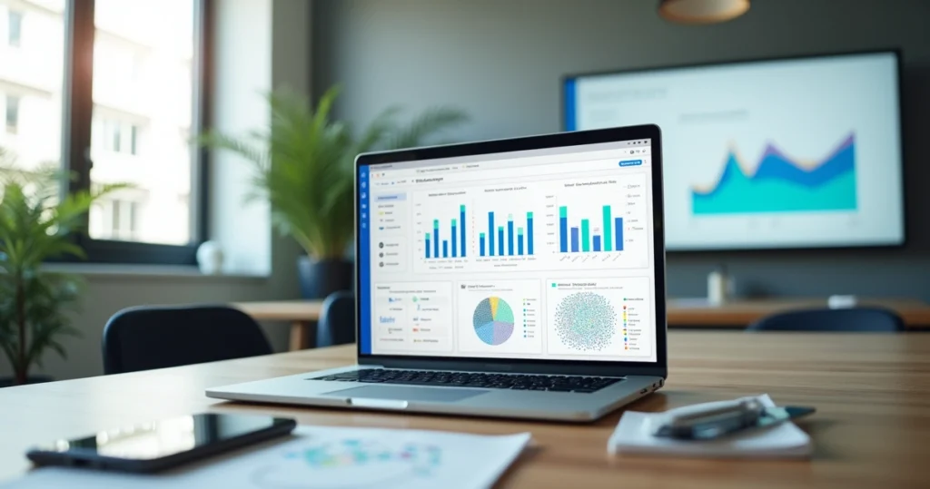 Dashboard de pesquisa B2B mostrando microsegmentos destacados em um notebook