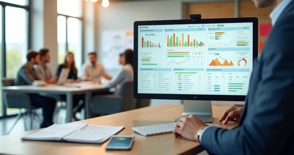 Gestor analisando painel de pesquisa de satisfação com gráficos de NPS e CSAT