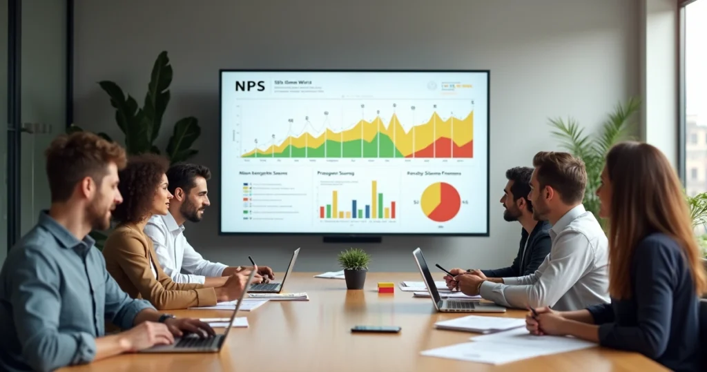 Equipe de marketing analisando gráfico de NPS em dashboard colorido