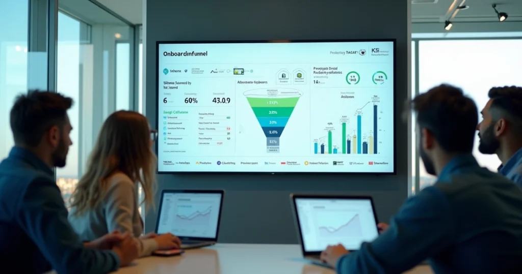 Equipe analisa painel de onboarding de usuários SaaS em tela grande